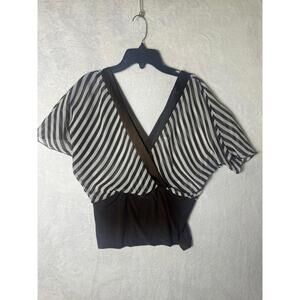 Estam USA Brown And White Stripes‎ Deep VNeck Sheer Top Size Medium